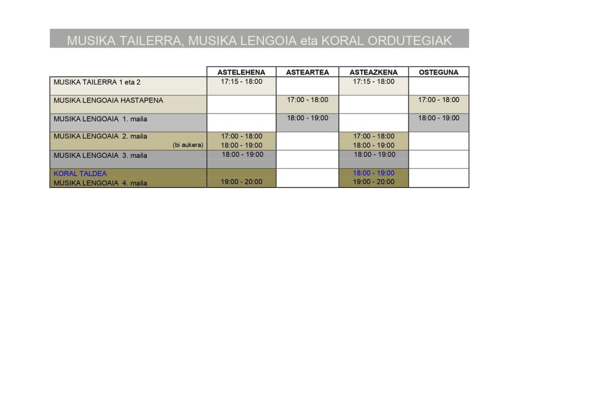 2022-2023 MUSIKA TAILERRA, MUSIKA LENGOAIA ETA KORAL ORDUTEGIAK